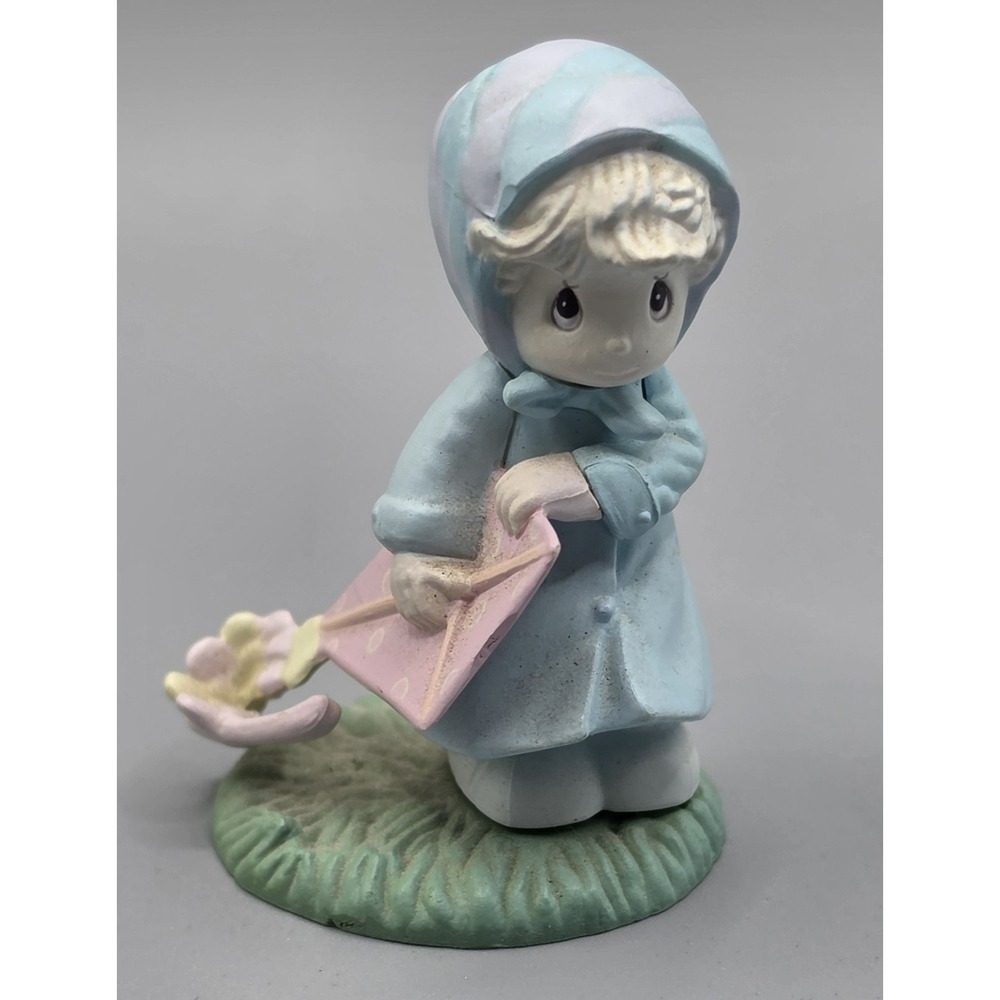 Vintage 1988 Precious Moments Girl Blue Raincoat Pink Umbrella Figurine